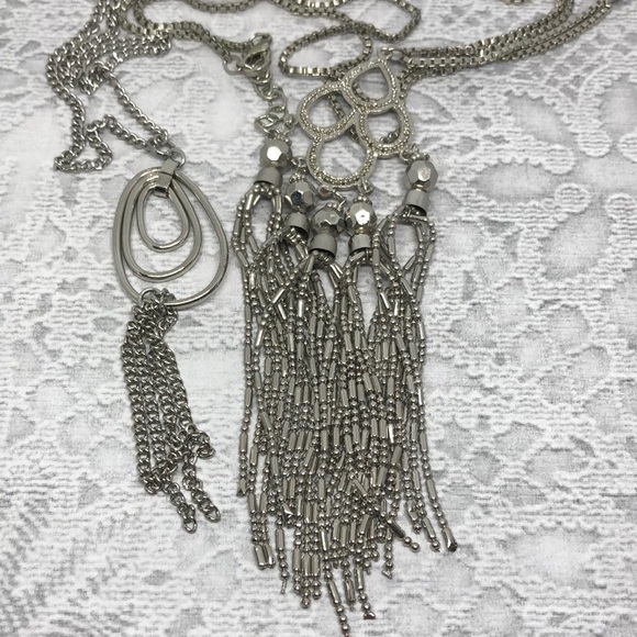 BUNDLE lot 2 silver tone long tassel necklaces statement extra long - Picture 5 of 6